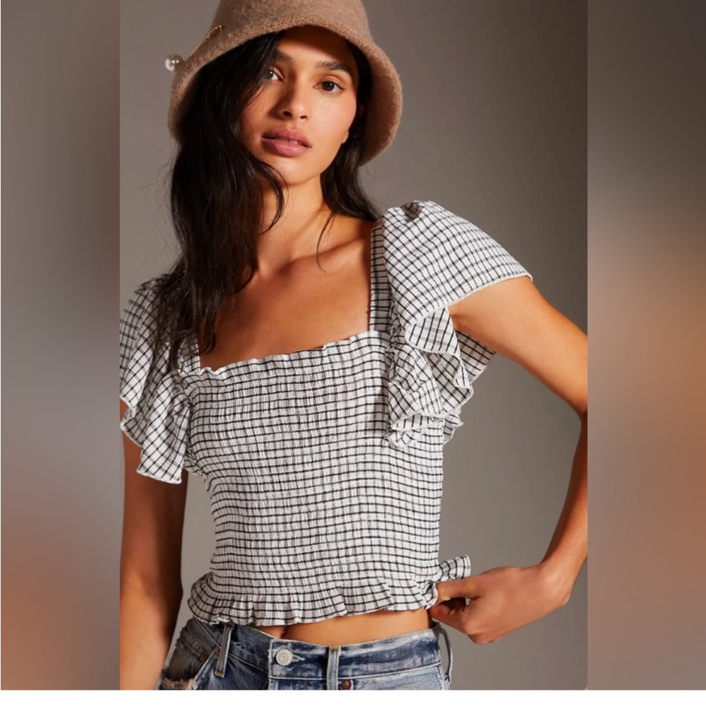 MAEVE By Anthropologie Crinkle Gingham Smocked Top